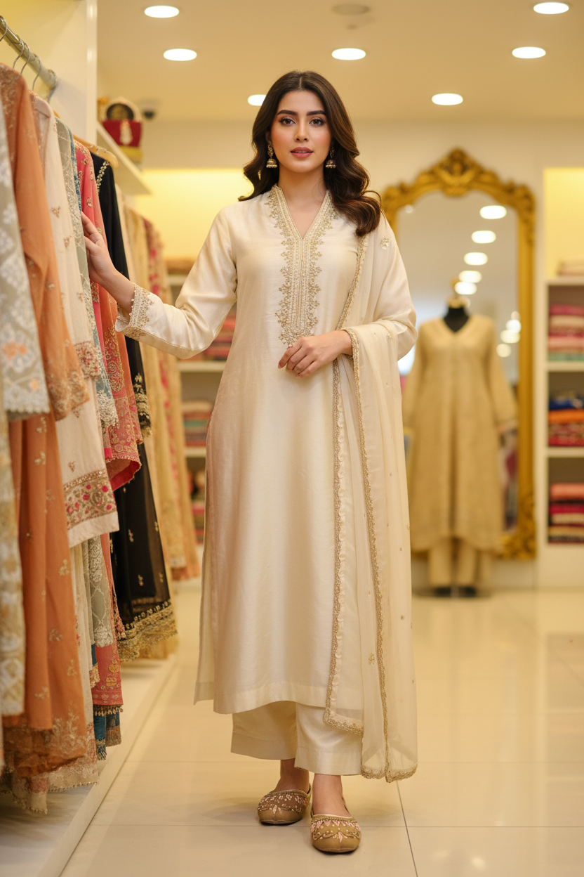 Model wearing embroidered khussa